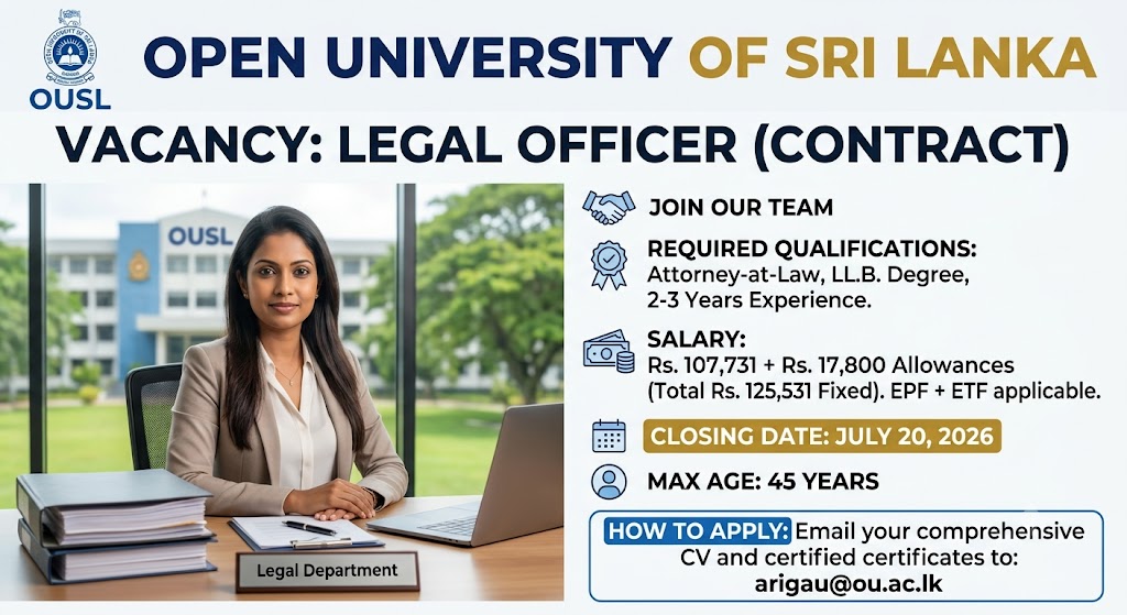 Legal Officer Vacancy 2026 – Open University of Sri Lanka (OUSL)